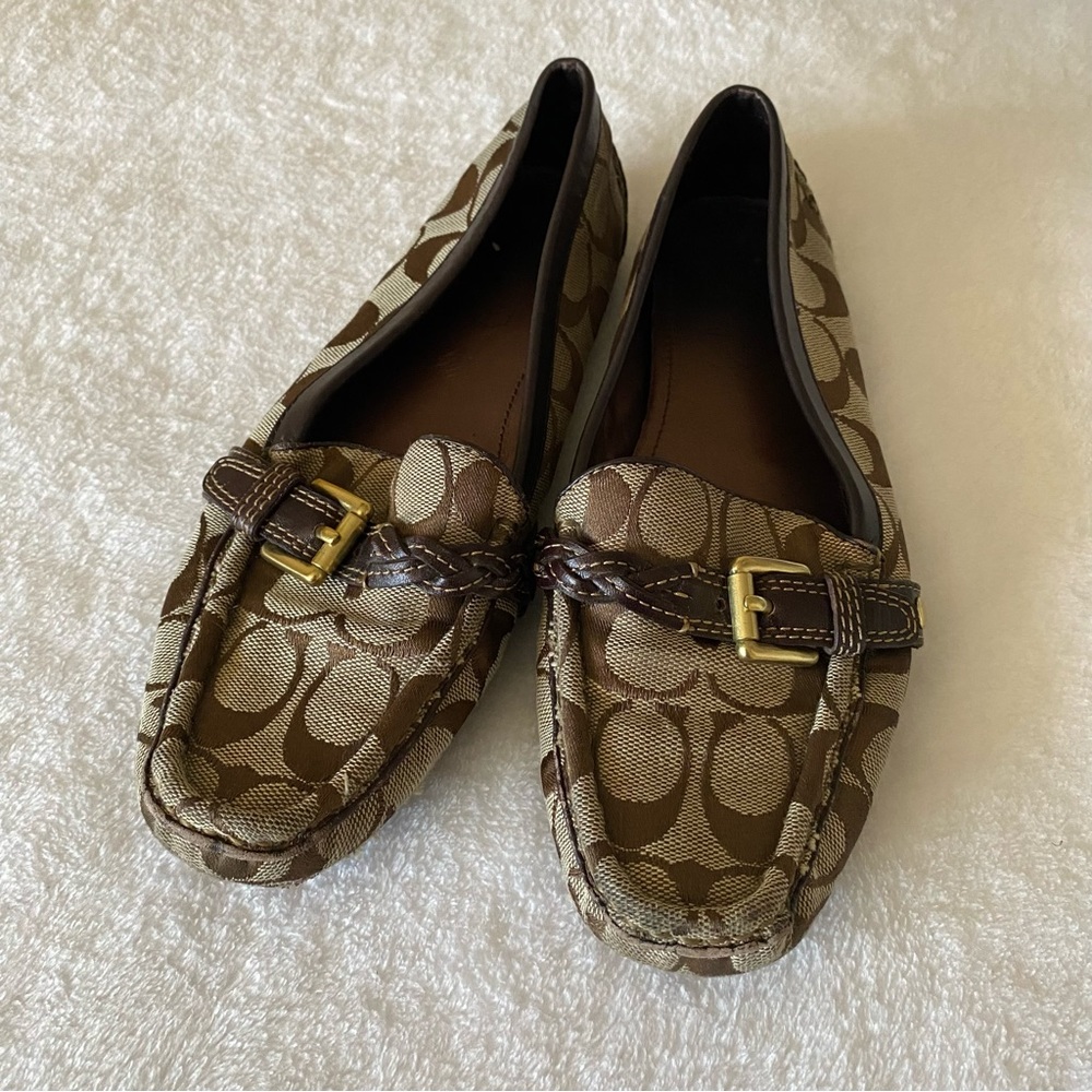 Coach Saidey Brown Tan Signature Logo Canvas Print Braided Buckle Loafer Flats